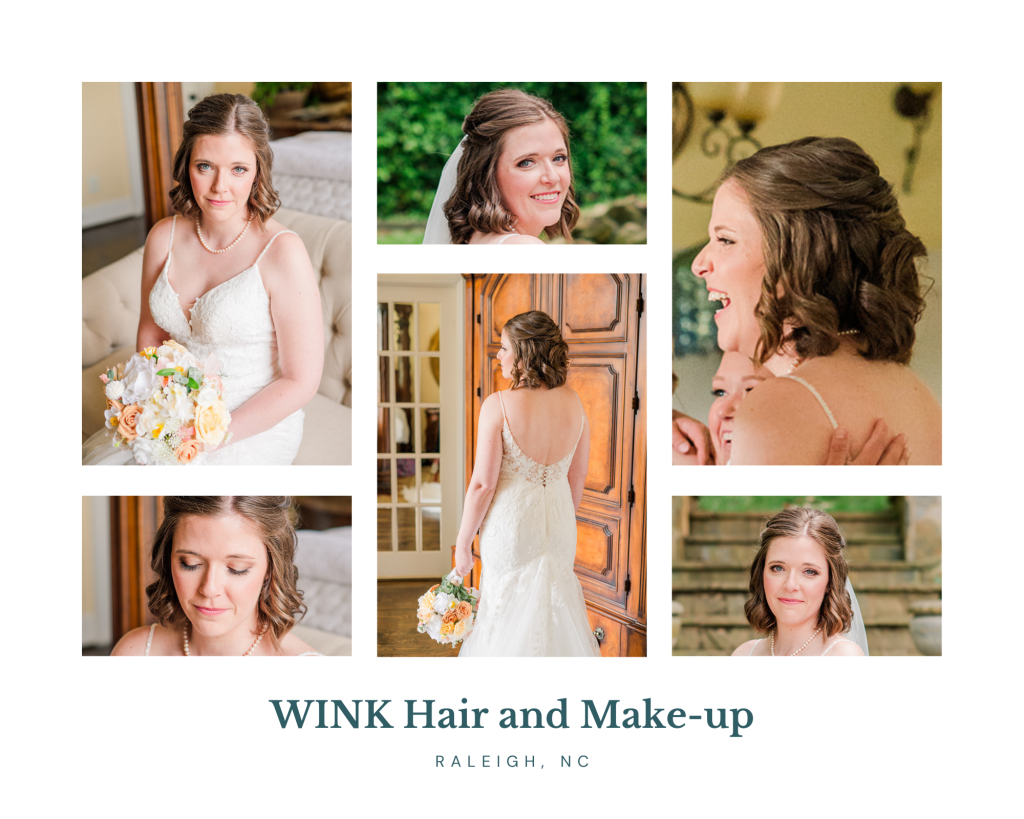 Collage of photos showing Tiffany's hairstyle and make-up from her wedding day.
